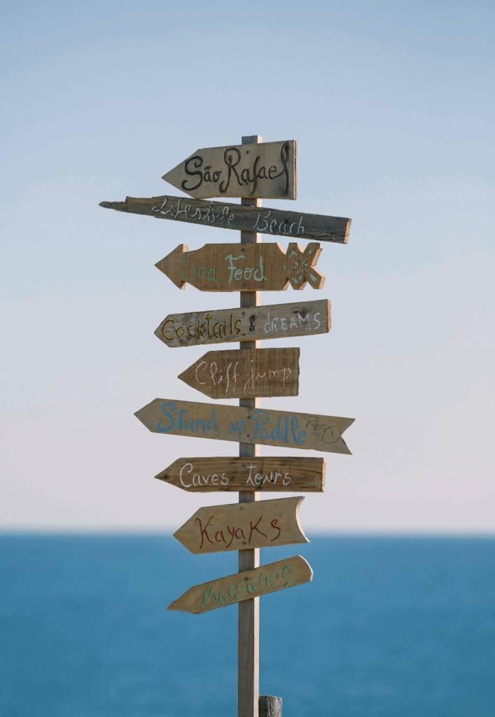 Wooden tropical signpost with beach and activity directions.